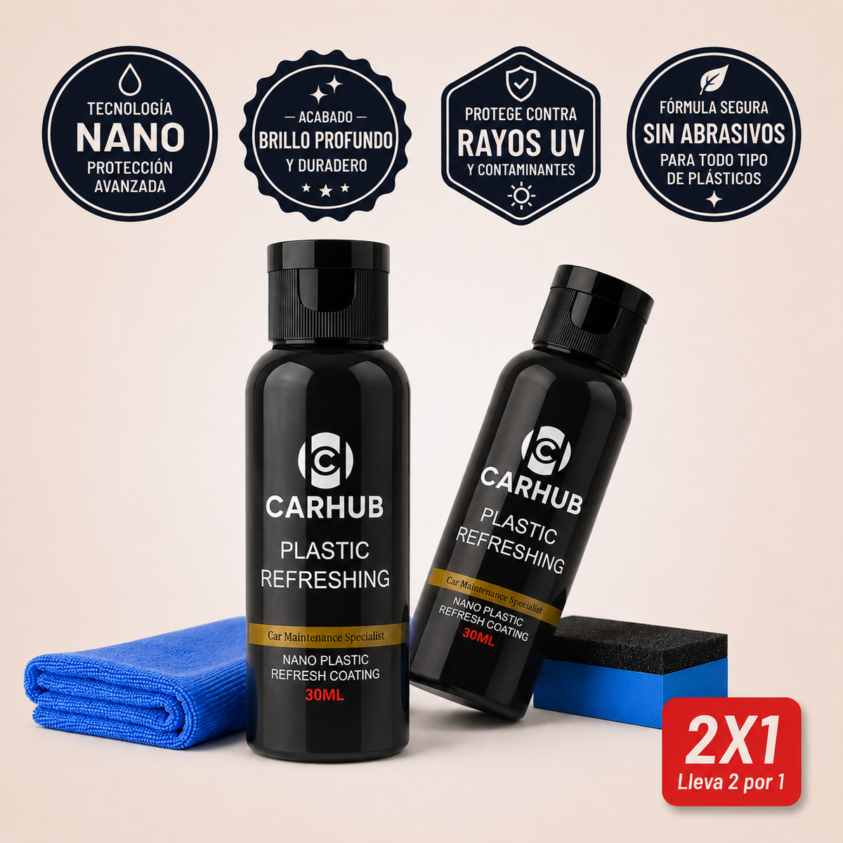 Kit "Efecto Nuevo": Restaurador de Plásticos CarHub + Microfibra GRATIS
